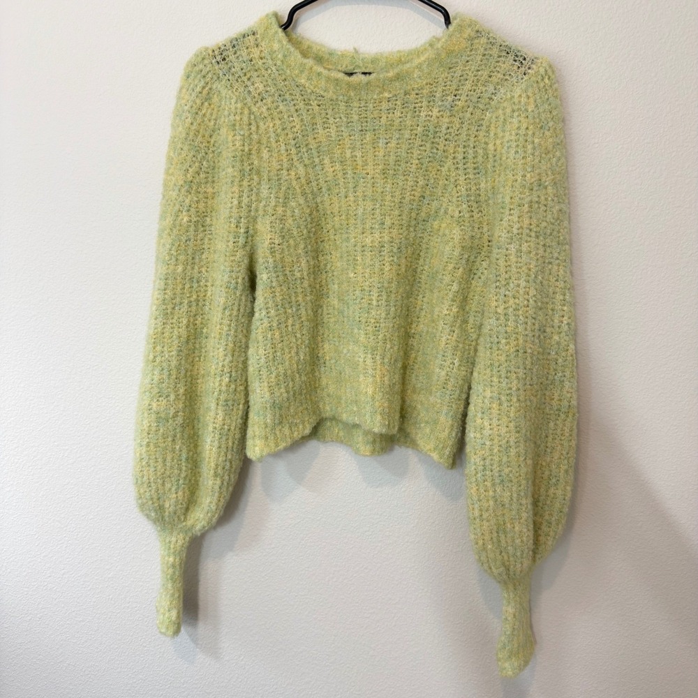 Olivaceous Balloon‎ Sleeve Sweater Womens Small Green Yellow Marled Knit Cropped
